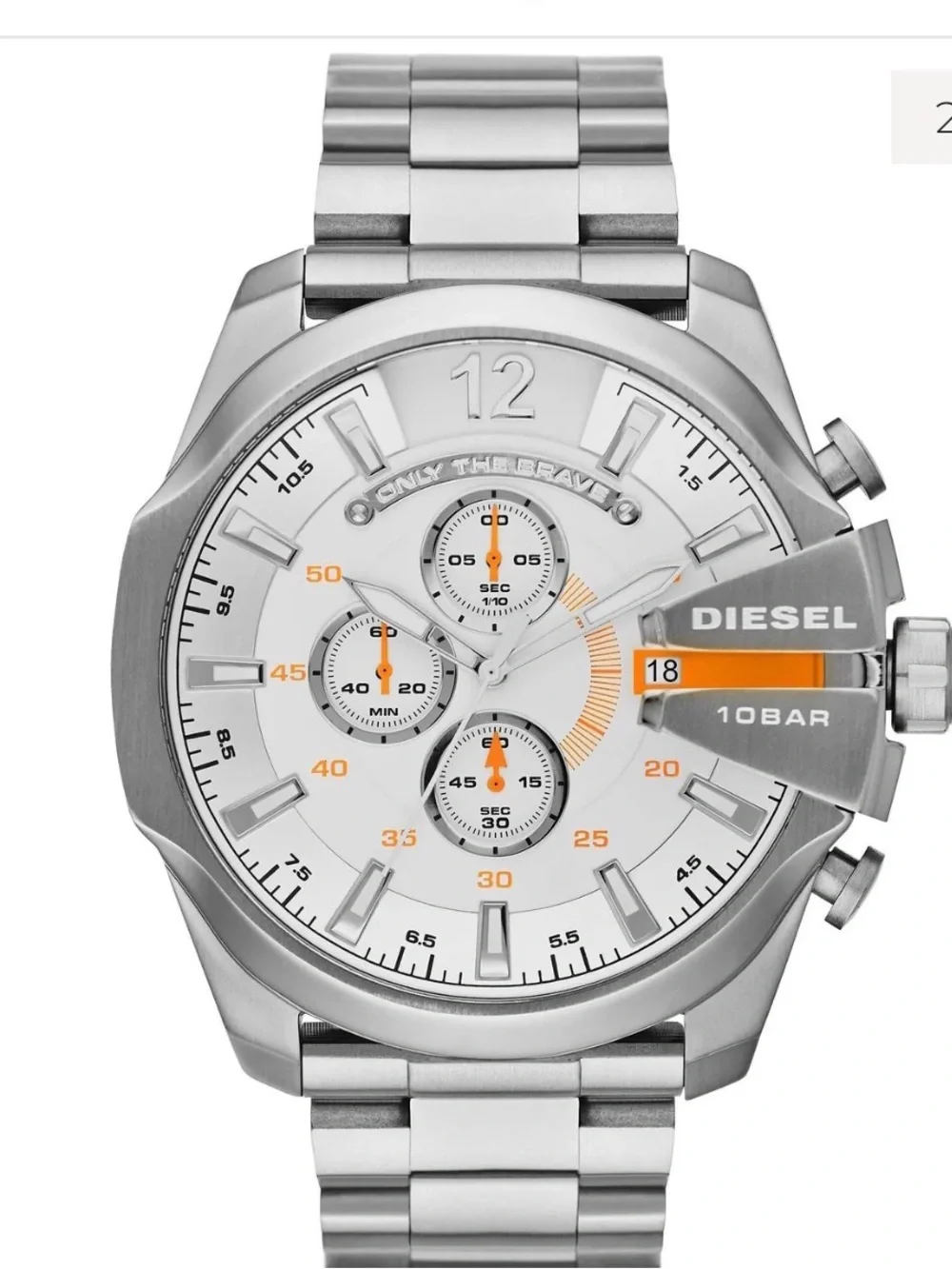 Diesel men’s big face Silver Watch with White Dial and Orange Accents